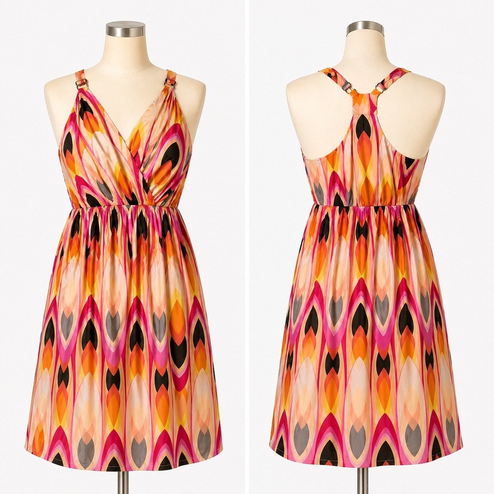 Akiko Mini Dress XS Silk‎ Peach Abstract Print  Pockets Lightweight racerback